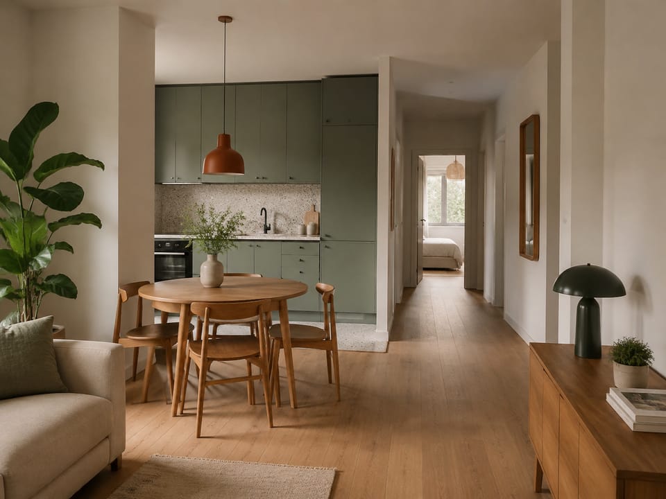 Bucătărie verde deschisă spre living, cu masă rotundă din lemn și acces spre hol.
